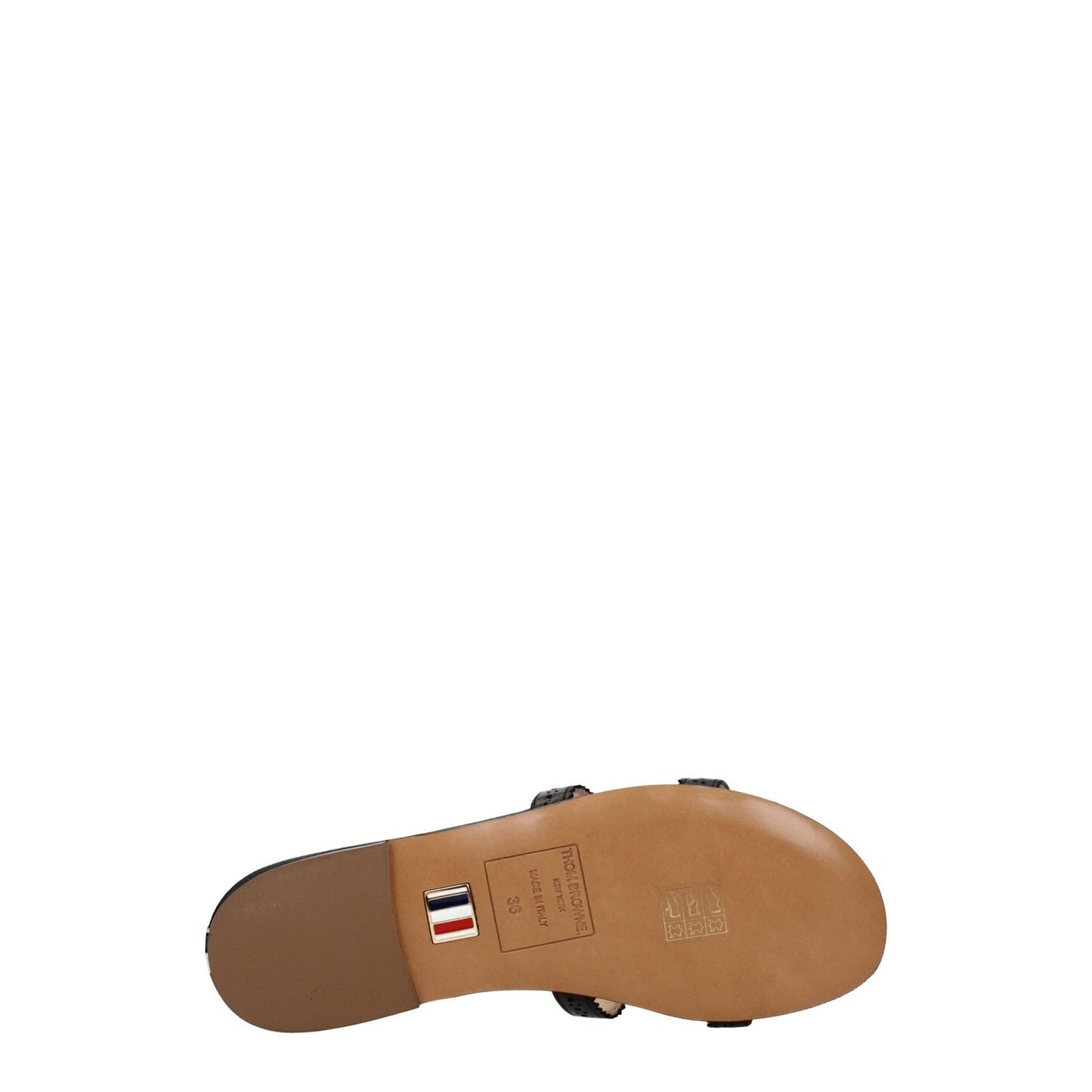 Sole view of Thom Browne Black Leather Slippers with open toe and flat heel, featuring MPN FFF144A06257001.