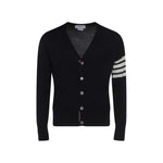 Thom Browne Cardigan, fleece wool with striped cuffs, ribbed hem, V-neck, button closure, patch pockets, logo bands on left arm