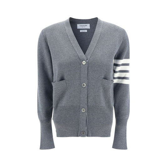 Thom Browne Cardigan, fleece wool with striped cuffs, ribbed hem, V-neck, button closure, patch pockets, logo bands on left arm