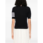 Back view of navy blue crew neck Thom Browne Sweaters Blue with 4Bar wool, grosgrain loop and side tabs, short sleeves.