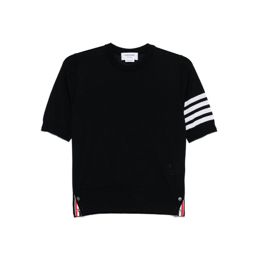 Thom Browne Sweaters Blue navy crew neck, short sleeves, grosgrain loop tab, signature 4Bar wool top, side tabs, stylish design.
