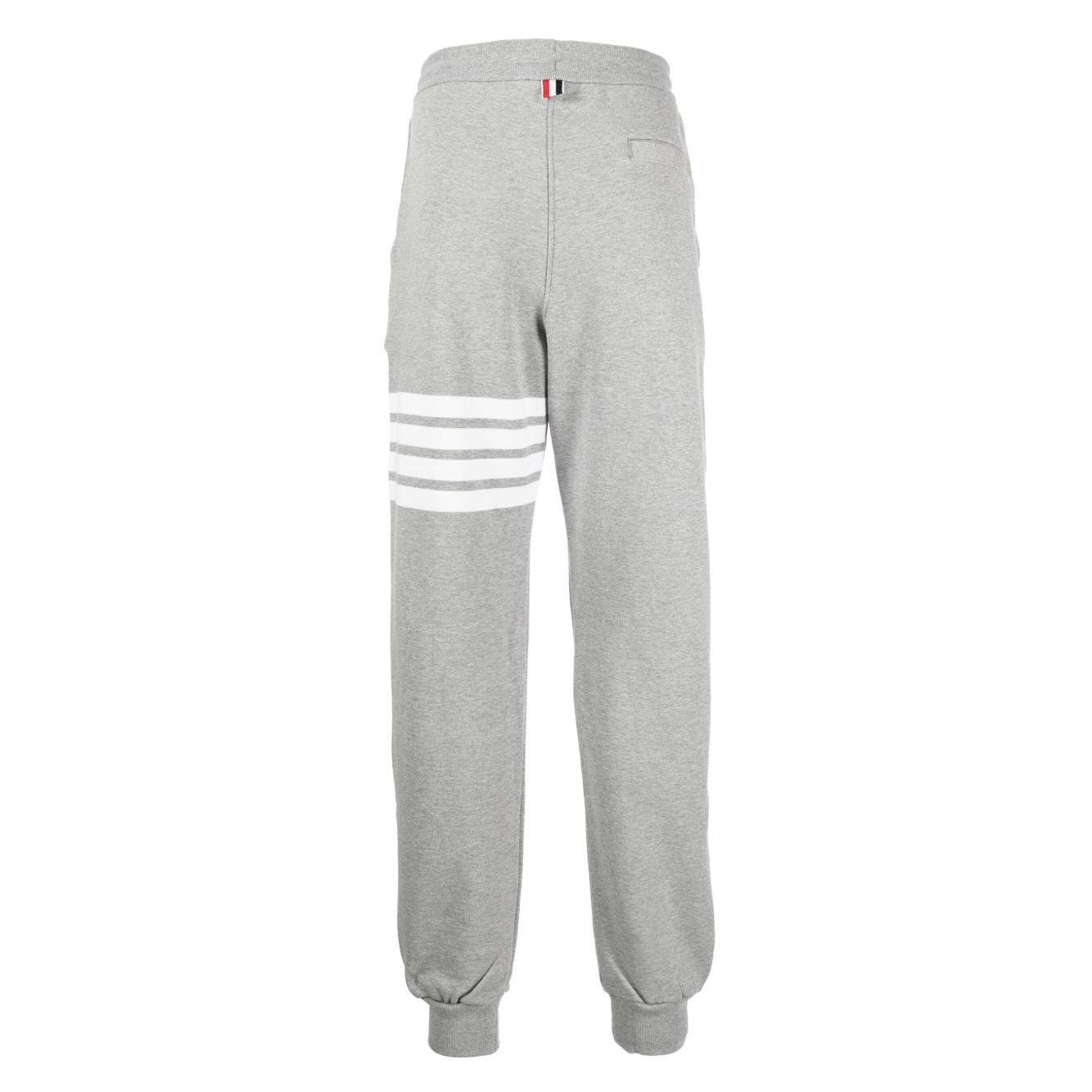 Alt Tag: Thom Browne Trousers Grey, cotton sweatpants with 4-Bar stripe, grosgrain loop tab, drawstring waist, and rear welt pocket.
