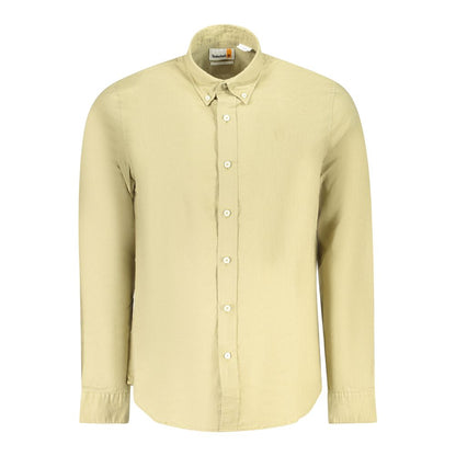 Timberland Beige Cotton Men Shirt with button-down collar and slim fit, perfect for casual elegance and modern style seekers.