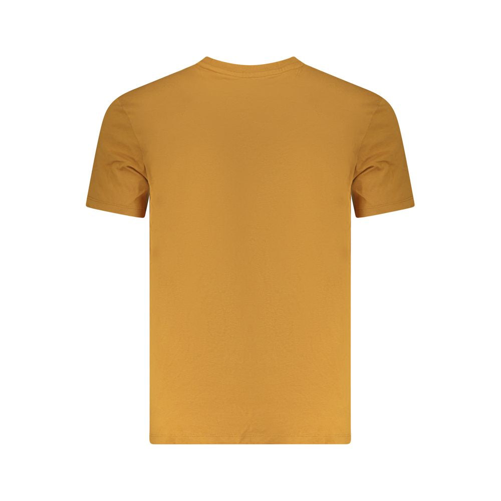 Timberland Brown Cotton Men T-Shirt showcasing back view with slim-fit design and iconic logo for a bold adventure-ready style.