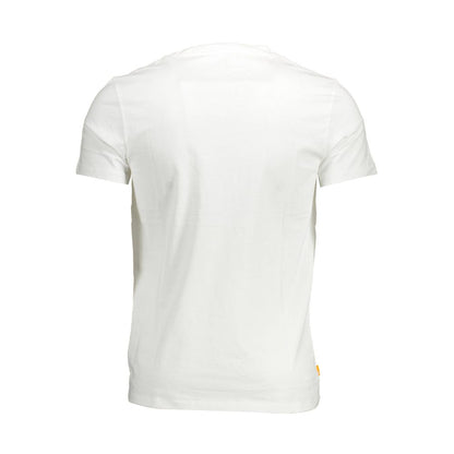 Back view of Timberland White Organic Cotton Men T-Shirt showcasing slim fit and short sleeves for a sustainable fashion choice.
