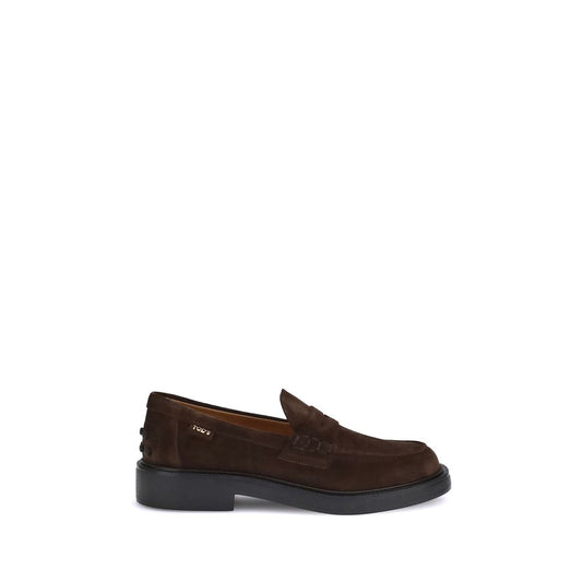 Tod's Brown Rubber Slip-On Loafers with suede finish and hand-stitched details, showcasing side logo and iconic pebble sole for comfort.