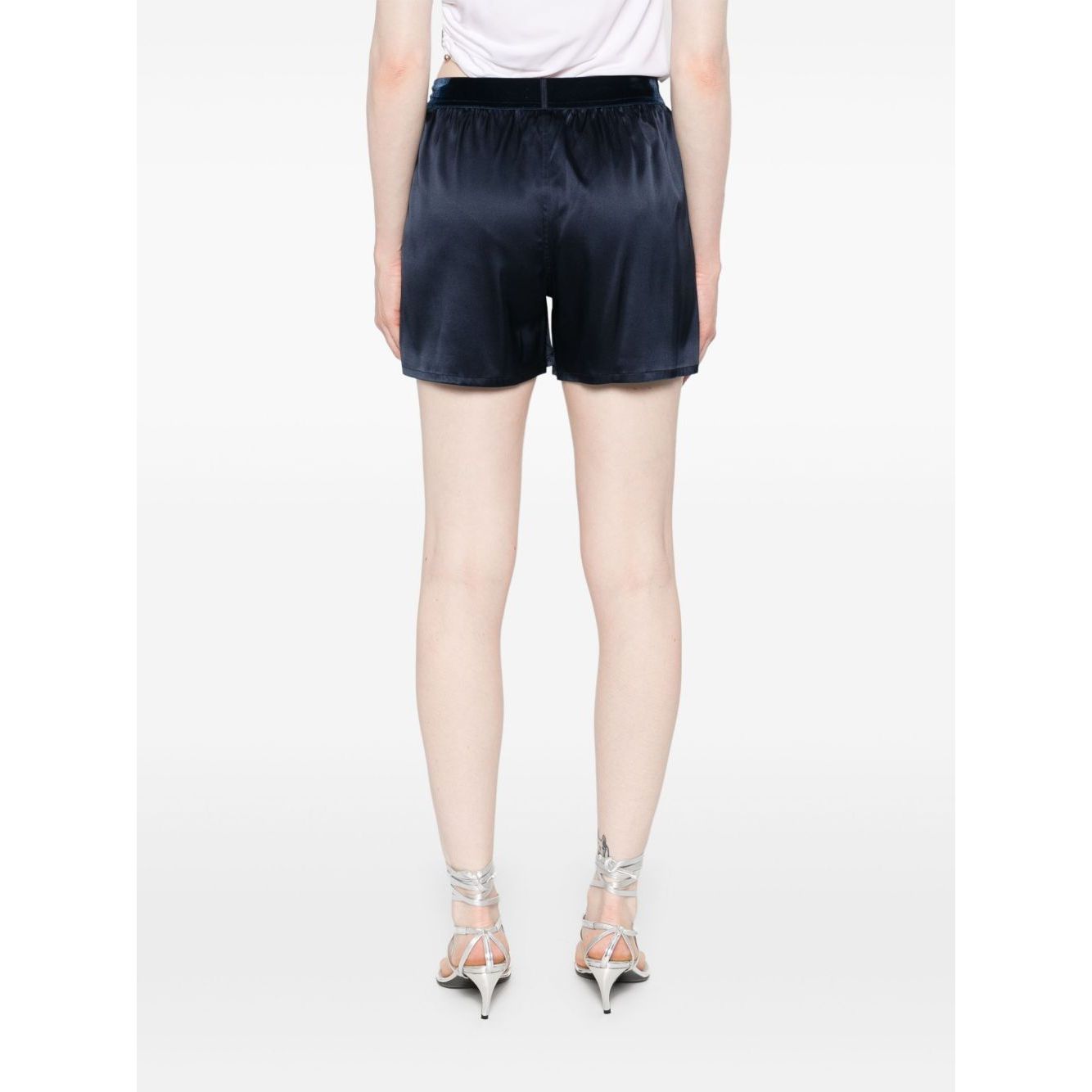 Rear view of model wearing navy blue Tom Ford Shorts Blue with elasticated and logo waistband, silk material, true to size fit.