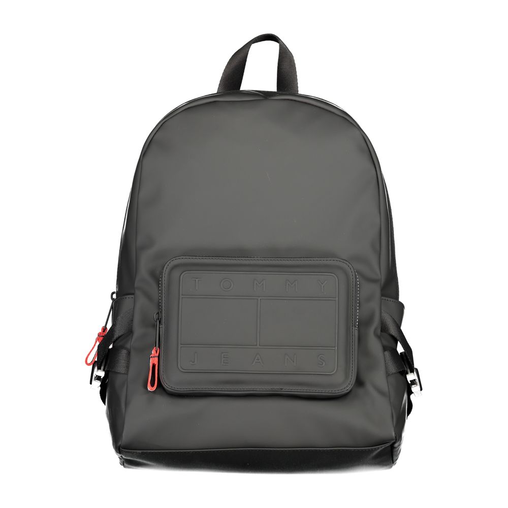 Tommy Hilfiger Black Polyester Backpack with handle, adjustable straps, external pockets, contrasting details, and zip closure.