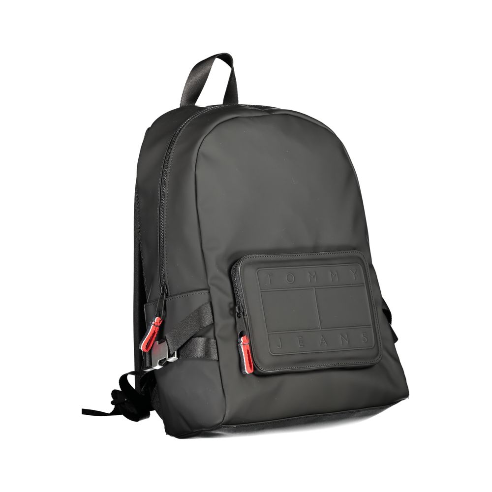 Tommy Hilfiger Black Polyester Backpack with adjustable straps, zip closure, and multiple pockets for convenience.