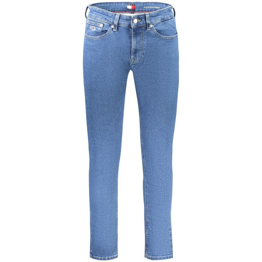Tommy Hilfiger Blue Cotton Men Slim Tapered Jean, modern denim pants with iconic logo detailing, comfortable fit for fashion-forward style.