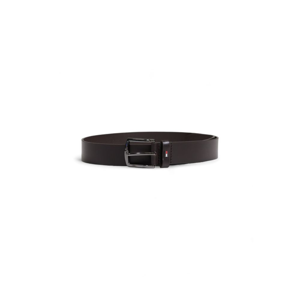 Tommy Hilfiger Brown Leather Regular Belt with polished buckle featuring the Tommy Hilfiger logo, versatile for casual and formal wear.