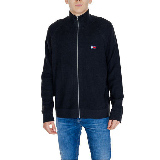 Tommy Hilfiger Jeans Black Cotton Cardigan with full zip and high collar for men, shown on a model wearing jeans.