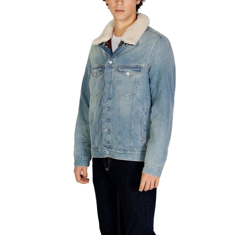 Tommy Hilfiger Jeans Light Blue Cotton Denim Jacket with removable faux fur collar, showcasing modern style and versatility.
