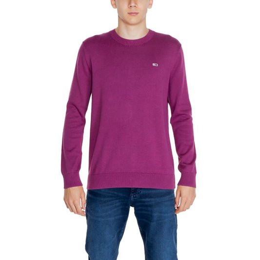 Tommy Hilfiger Jeans Purple Organic Cotton Sweatshirt on model showing fine knit and crew neckline