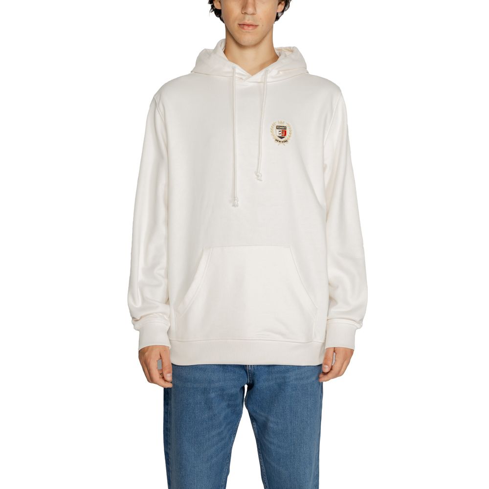 Tommy Hilfiger Jeans White Cotton Hoodie with kangaroo pocket and drawstring hood, perfect for casual wear.