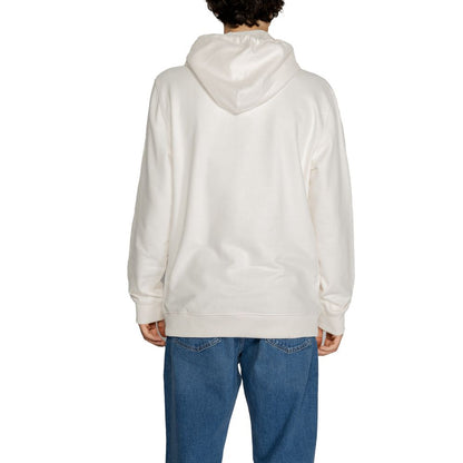 Back view of a Tommy Hilfiger Jeans White Cotton Hoodie, featuring an adjustable drawstring hood and regular fit design.