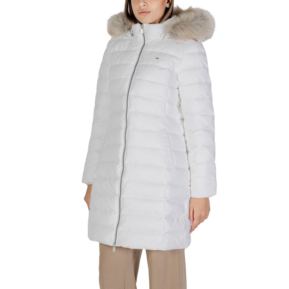 Tommy Hilfiger Jeans White Recycled Polyester Coat with removable faux fur hood, quilted design for women.