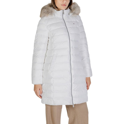Tommy Hilfiger Jeans White Recycled Polyester Coat with faux fur hood, quilted design, shown on a model