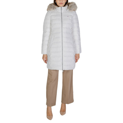 Tommy Hilfiger Jeans White Recycled Polyester Coat with quilted design and faux fur hood