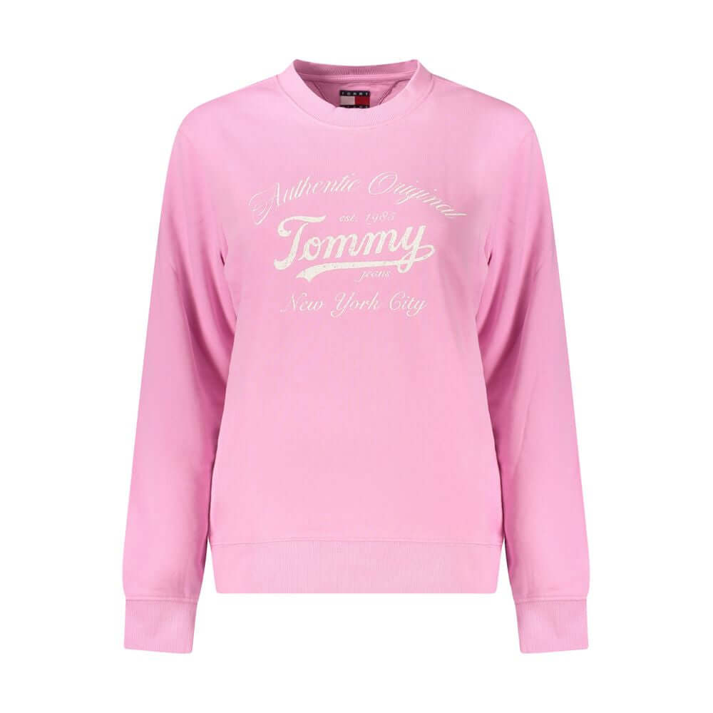 Tommy Hilfiger Pink Cotton Women Sweater with logo and bold print, eco-friendly 95% cotton blend, long-sleeved, comfortable and stylish.