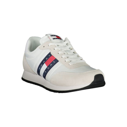 Tommy Hilfiger Sleek White Sneakers with Contrasting Details and iconic logo, eco-conscious fashion featuring 50% recycled polyester.