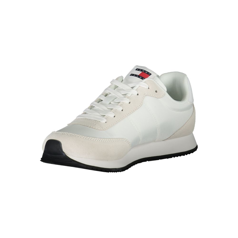 Tommy Hilfiger Sleek White Sneakers with Contrasting Details, featuring a recyclable material blend and iconic logo for eco-conscious style.