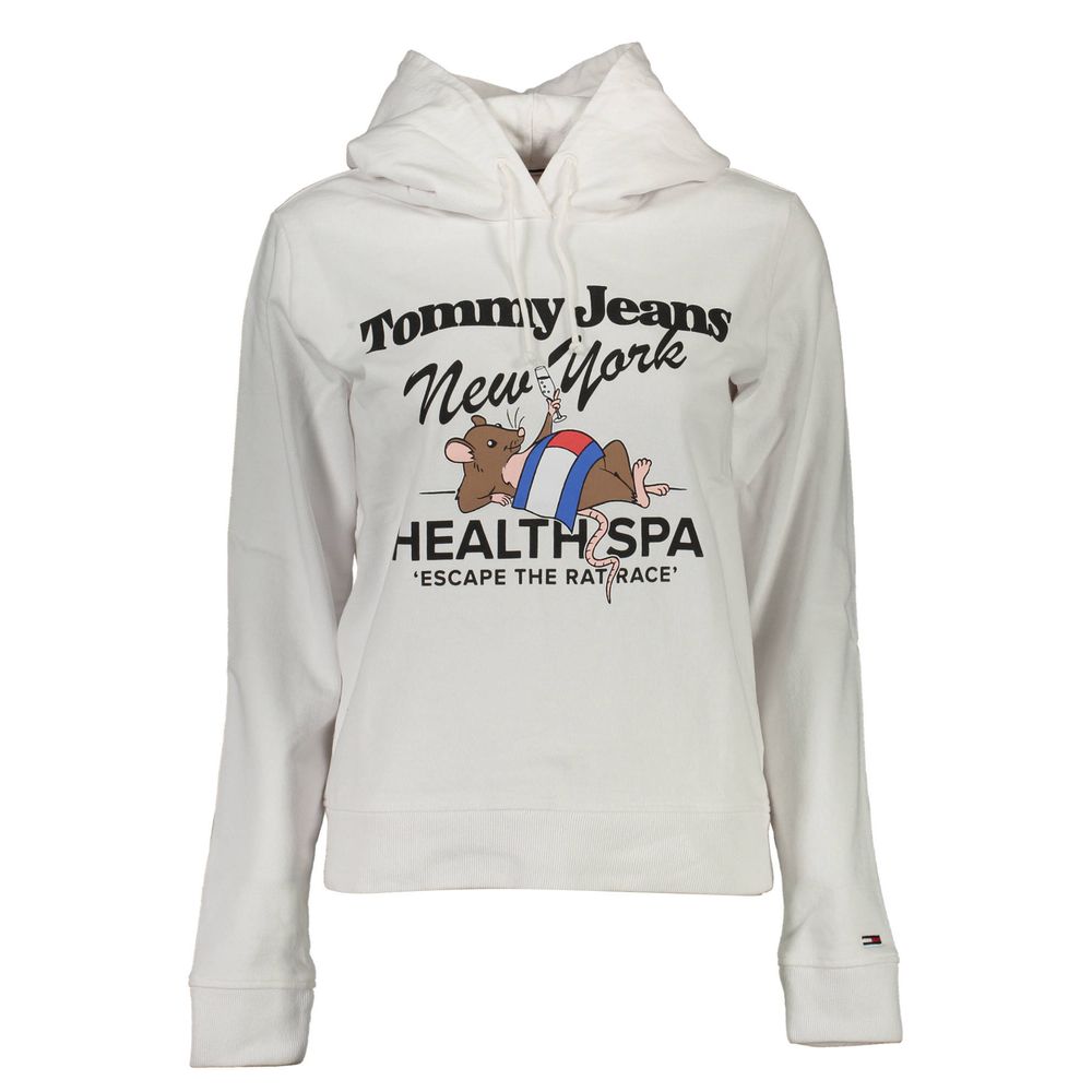 Tommy Hilfiger White Cotton Women Sweater with bold print and embroidery, showcasing brand logo and casual chic style.