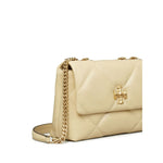 Tory Burch Kira Diamond small leather shoulder bag in light yellow with gold-tone logo and chain-link strap, quilted nappa leather.