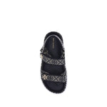 Top view of Tory Burch Kira Sandals in jacquard with Monogram T and Velcro closure.
