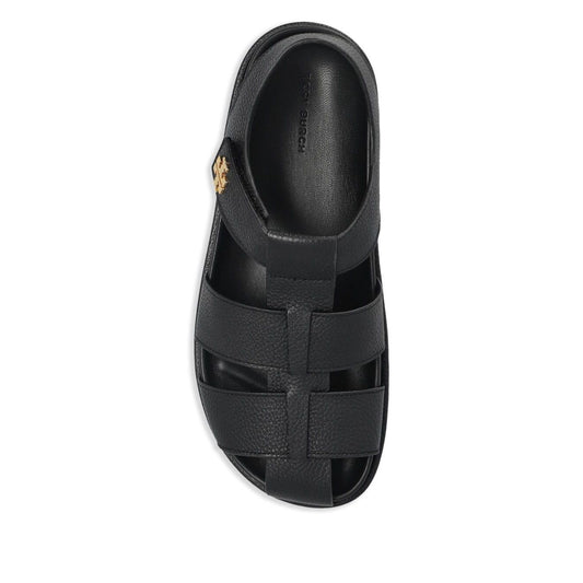 Tory Burch Sandals Black with multiple straps, logo detail, cushioned sole, and open toe. Kira Fisherman Sport leather sandal, size 3 cm sole.