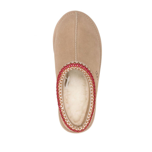 UGG Australia Sandals Beige with tobacco brown suede, embroidered edge, and fleece lining viewed from above