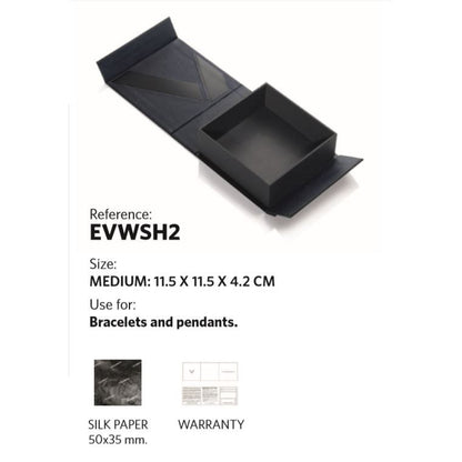 Black box for bracelets and pendants, Reference: EVWSH2, Medium size 11.5 x 11.5 x 4.2 cm with silk paper and warranty card included.