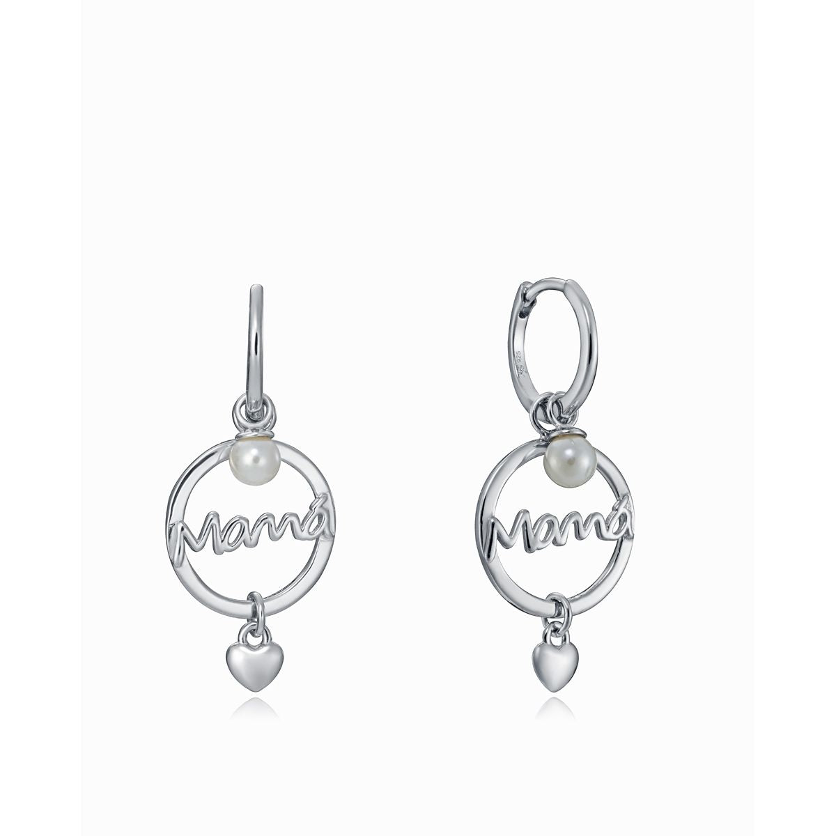 Silver earrings with pearl detailing and heart charm.