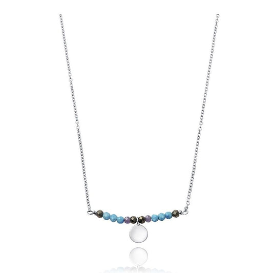 Elegant silver necklace with colorful beads and circular pendant on a white background