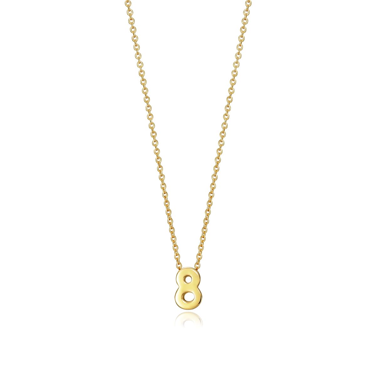 Gold necklace with number eight pendant on chain over white background