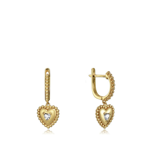 Alt Tag: Gold heart-shaped drop earrings with intricate detailing for ladies, beautifully presented. Elegant and stylish jewelry piece.