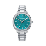 VICEROY Mod. 401298-67 lady's quartz watch with turquoise dial, 5 ATM water resistance, mineral case, bracelet, and calendar function.