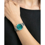VICEROY Mod. 401298-67 ladies watch with quartz movement and mineral dial, 36mm case, water-resistant. Shown on wrist with teal dial.