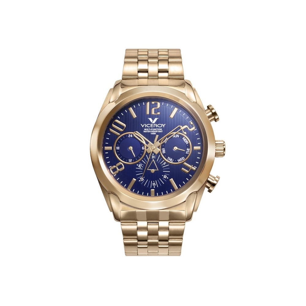 VICEROY Mod. 471195-97 men's quartz watch with gold case, blue dial, 42mm, 10 ATM water resistance, multifunction features.