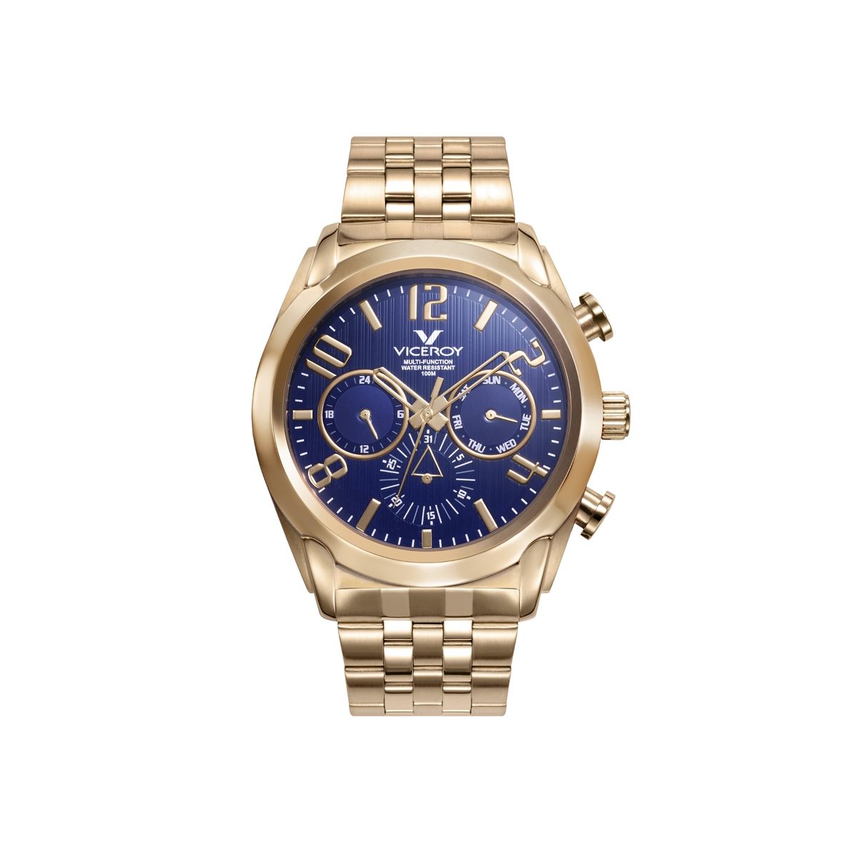VICEROY Mod. 471195-97 men's quartz watch with gold case, blue dial, 42mm, 10 ATM water resistance, multifunction features.