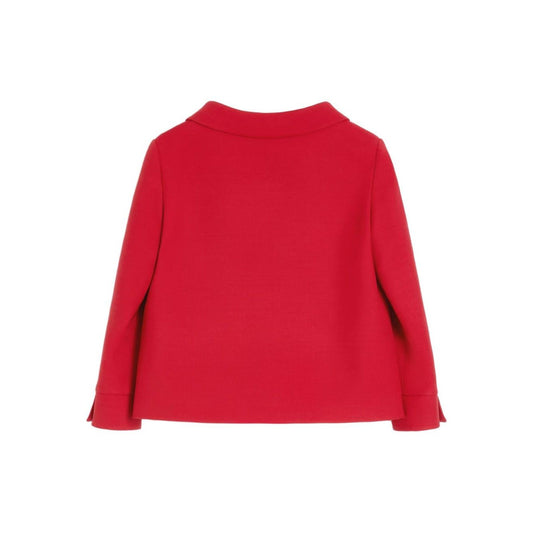 Back view of Valentino Crepe Couture Jacket in red wool and silk with pointed flat collar and button details.