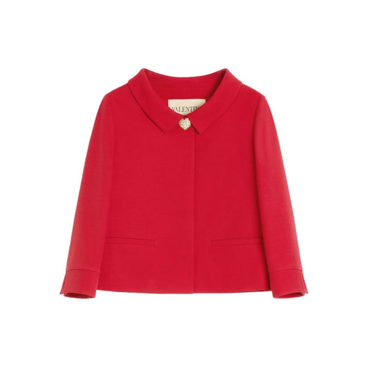 Valentino Crepe Couture Jacket in red wool and silk with front button fastening, pointed flat collar, and jetted pockets.