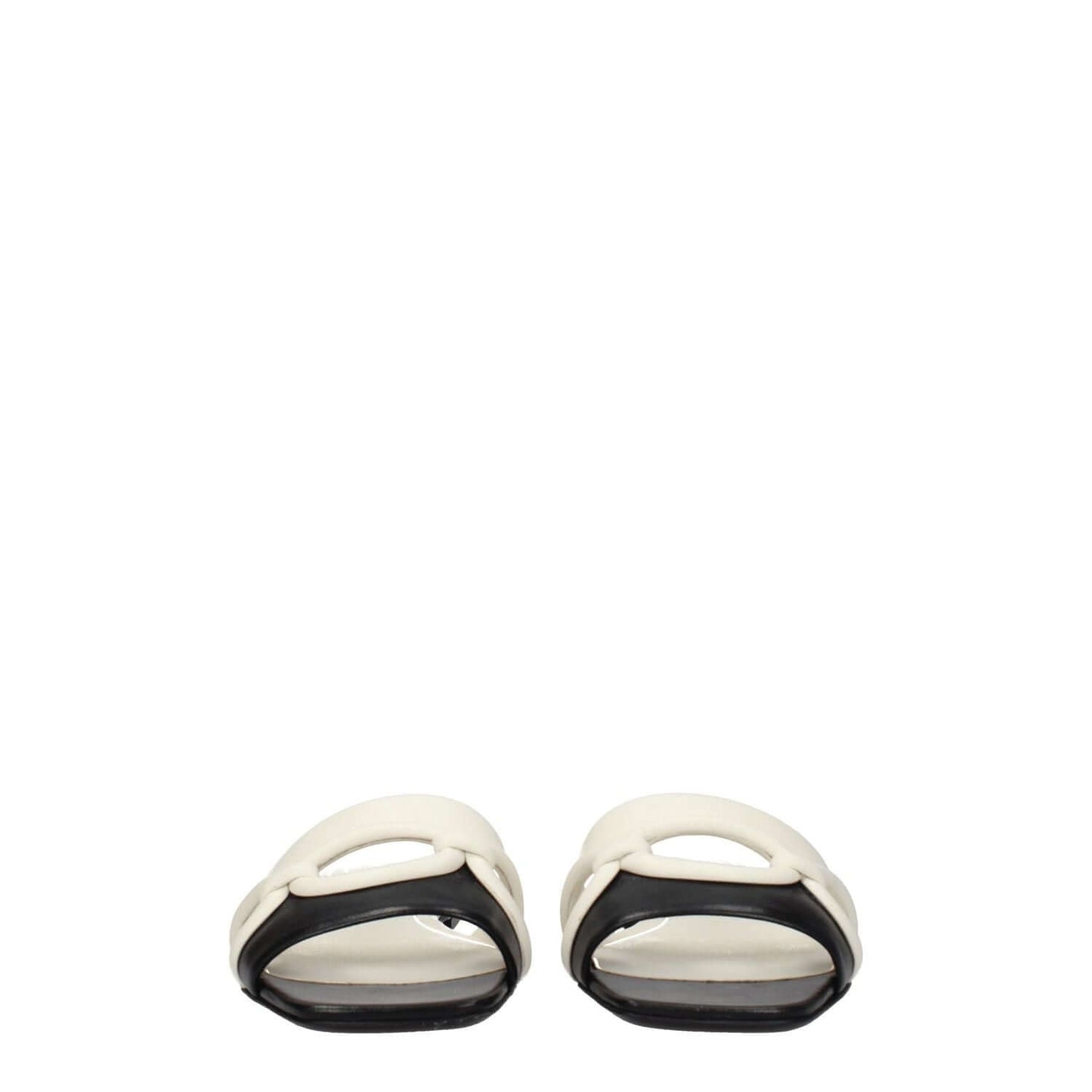 Valentino Garavani Black Leather Slippers with open toe and flat heel, featuring ivory accents, casual style, and leather sole.