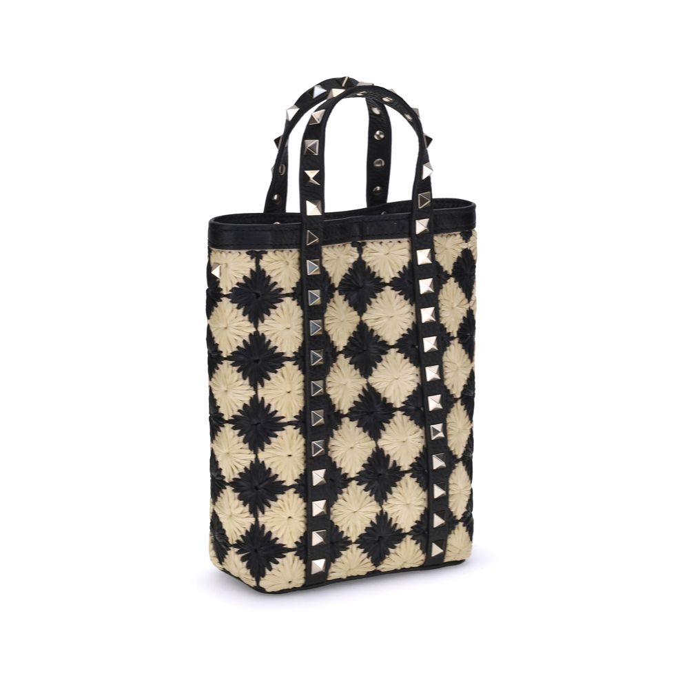 Valentino Garavani Rockstud mini Tote Bag in raffia with leather details and iconic Rockstud applique, featuring check pattern and handles.