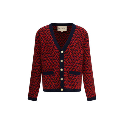 Valentino Multicolor Fleece Wool Cardigan with all-over V logo pattern, ribbed hems, and embossed buttons for a refined autumn-winter look.