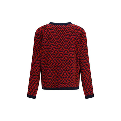 Back view of Valentino Multicolor Fleece Wool Cardigan with all-over V logo pattern and ribbed hems, showcasing elegant design details.