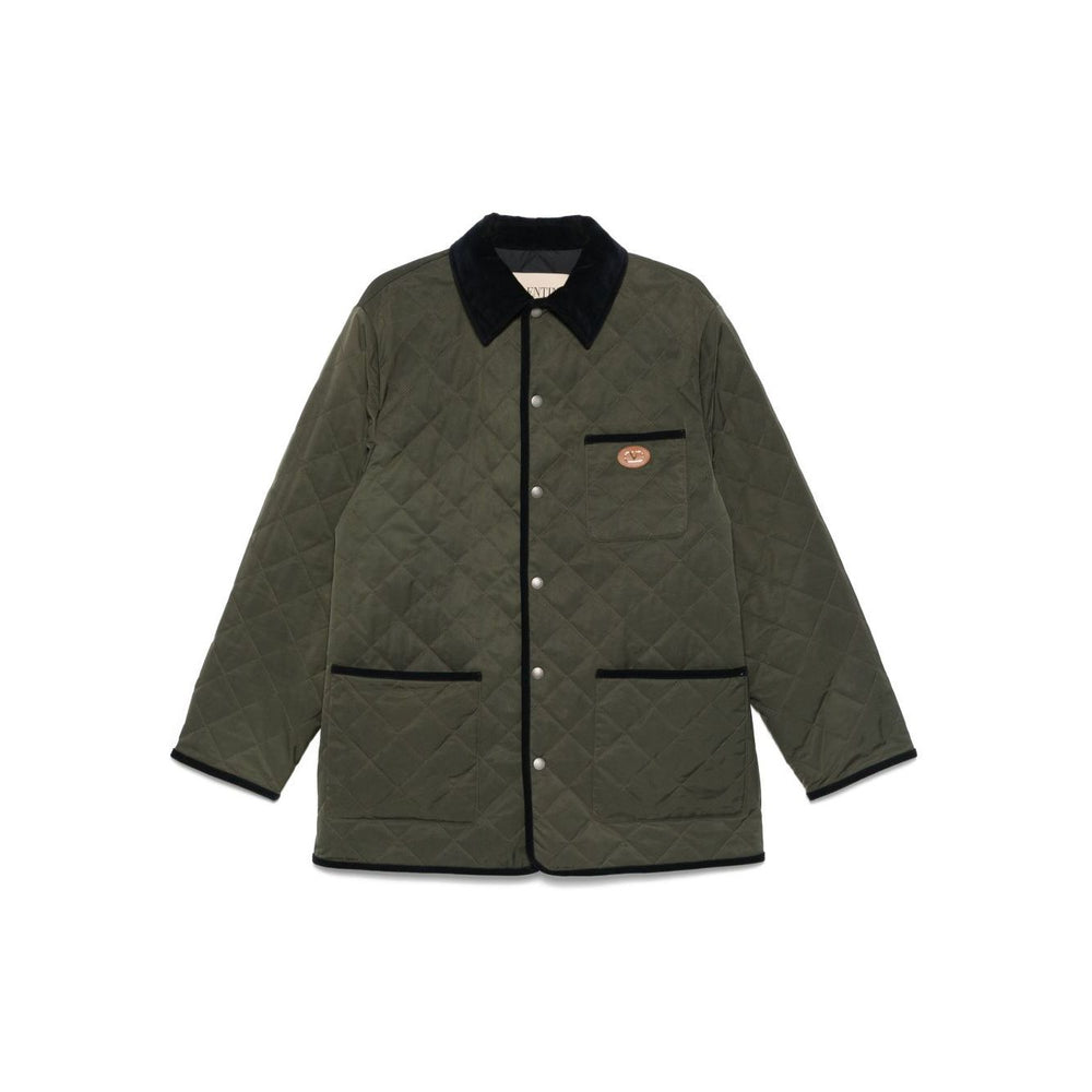Valentino Vlogo Signature quilted jacket in olive green with contrasting collar and press-stud fastening, featuring three front patch pockets.