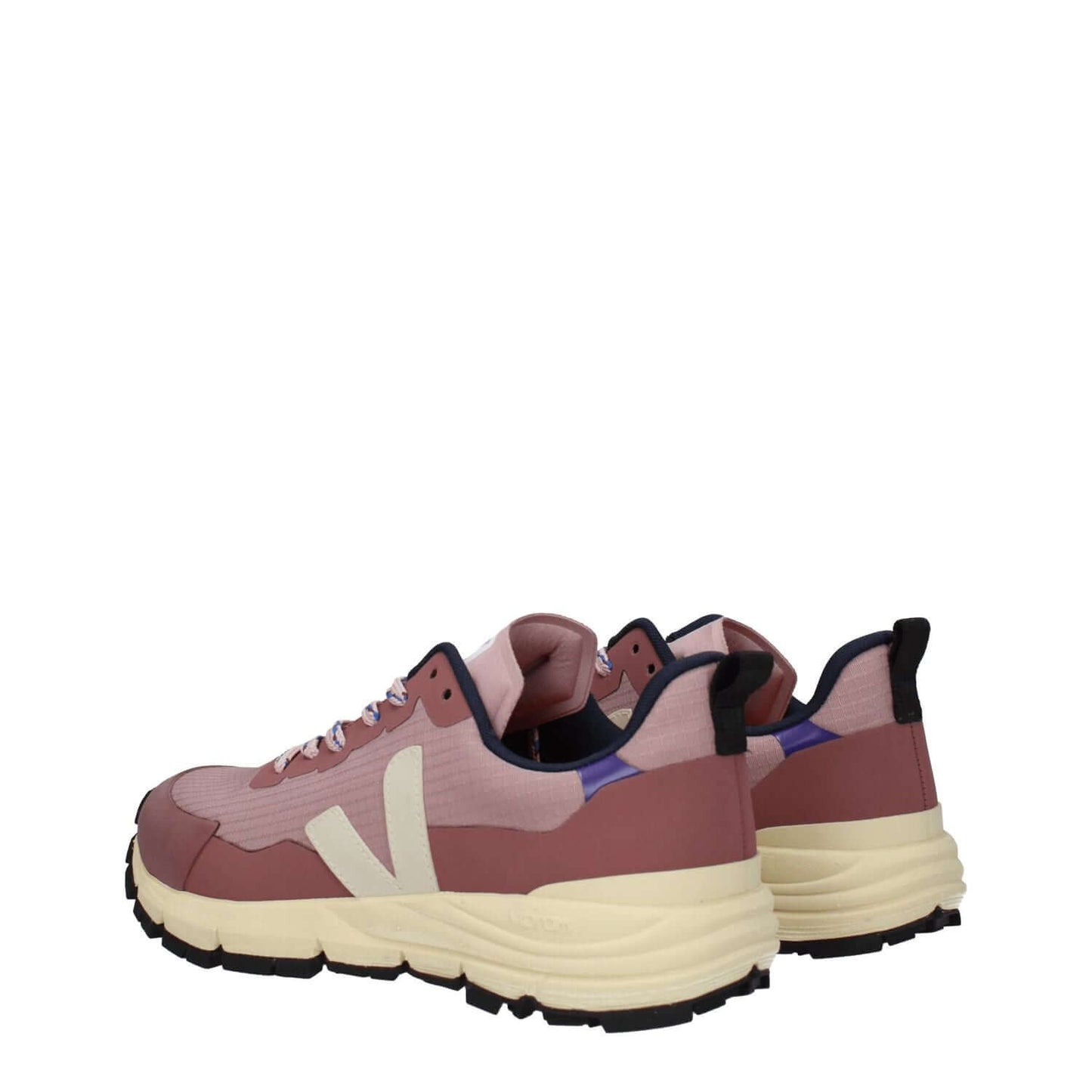 Veja Pink Fabric Athletic Sneakers with side detail, front logo, lace-up closure, rubber sole, round toe, and low flat heel.