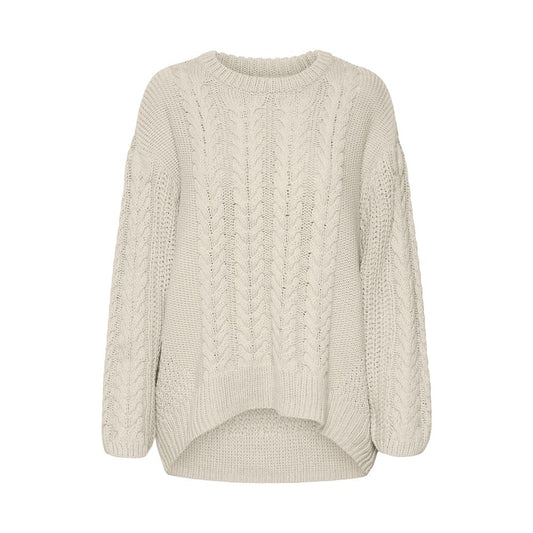 Vero Moda Beige Cotton Sweatshirt with cable-knit pattern and relaxed fit