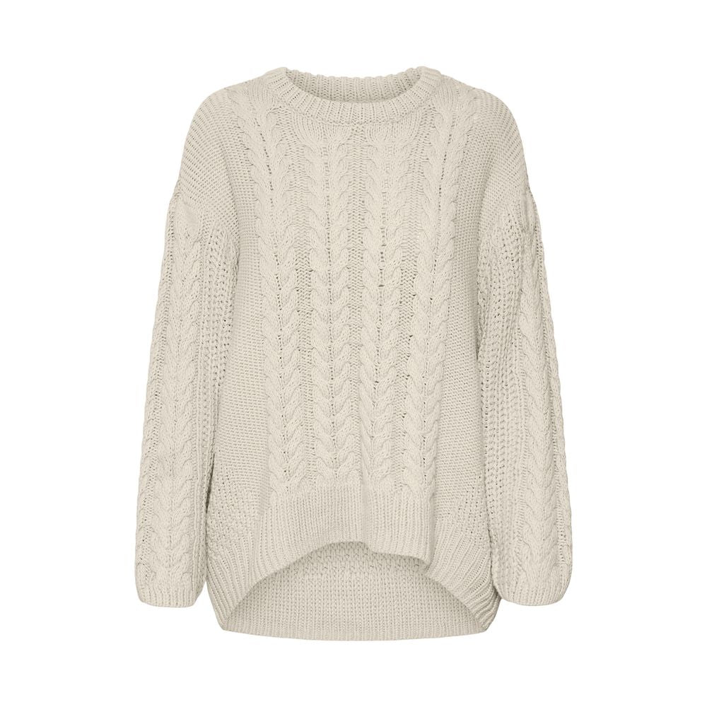 Vero Moda Beige Cotton Sweatshirt with cable-knit pattern and relaxed fit pullover.